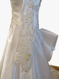 Vintage 80s Wedding Dress White Princess Lace Beading Long Train Bow UK 10 - VintageFairy
