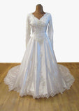 Vintage 80s Wedding Dress White Princess Lace Beading Long Train Bow UK 10 - VintageFairy