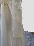 Vintage 80s Wedding Dress White Princess Lace Beading Train Mutton Sleeve UK 6 - VintageFairy