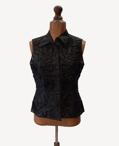 Vintage Shirt Blouse 80s Elegant Classic Fitted Sleeveless Sheer Black UK 10/12 - Vintage Attic